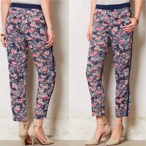 Anthropologie Elevenses Floral Bird Print Trousers Pants Navy Size 10